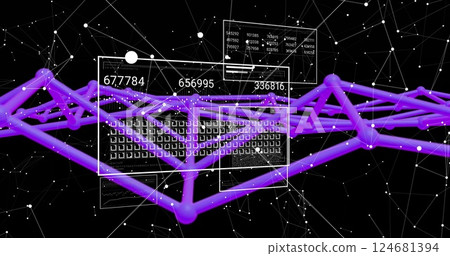 Image of digital data processing and connections over dark background Image of digital data processing and connections over dark background 124681394
