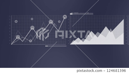 Image of financial data processing on black background 124681396
