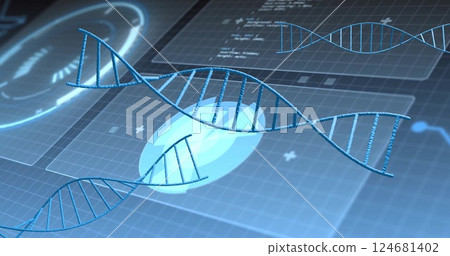 Image of dna strands over diagrams and data processing Image of dna strands over diagrams and data processing 124681402