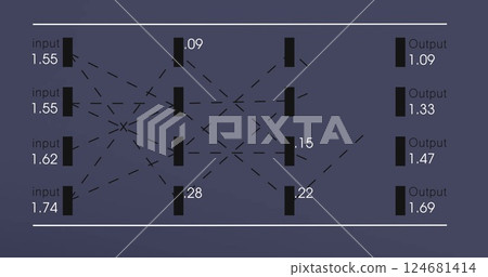 Image of financial data processing on black background 124681414