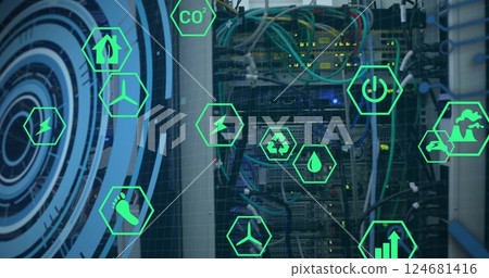 Image of digital eco icons and data processing over computer servers 124681416