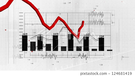 Image of red line and financial data processing over statistics Image of red line and financial data processing over statistics 124681419