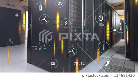 Image of digital eco icons and data processing over computer servers Image of digital eco icons and data processing over computer servers 124681420