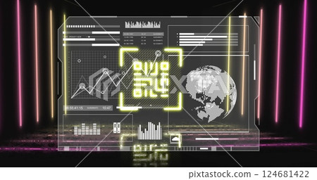 Image of qr code and data processing over neon lines Image of qr code and data processing over neon lines 124681422