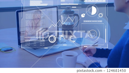 Image of data processing and diagrams over caucasian colleagues having video call Image of data processing and diagrams over caucasian colleagues having video call 124681450
