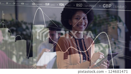 Image of financial data processing over african american businesswoman using tablet in office Image of financial data processing over african american businesswoman using tablet in office 124681471