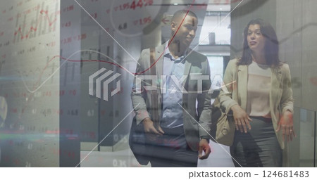 Image of financial data processing over diverse colleagues discussing work in office Image of financial data processing over diverse colleagues discussing work in office 124681483