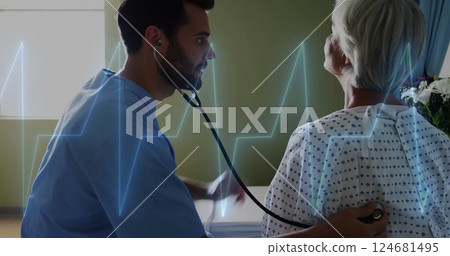 Image of cardiograph over diverse doctor and senior patient in hospital Image of cardiograph over diverse doctor and senior patient in hospital 124681495