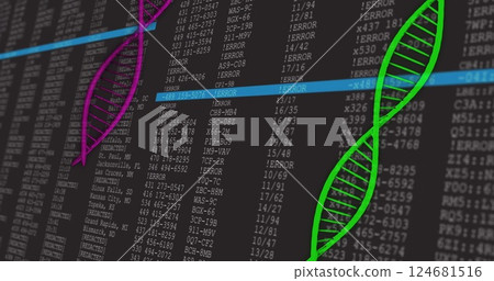 Image of dna strands over data processing 124681516
