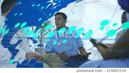 Image of data processing and world map over diverse doctors talking 124681534