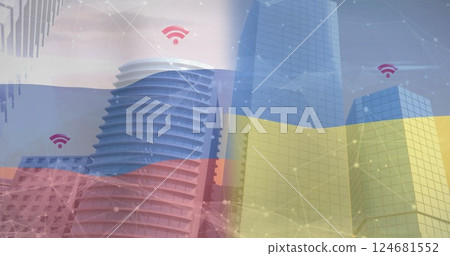 Image of flag of russia and ukraine over network of connections with wifi icons and cityscape 124681552