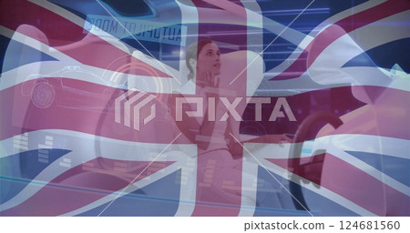 Image of flag of uk over caucasian woman sitting in modern car Image of flag of uk over caucasian woman sitting in modern car 124681560