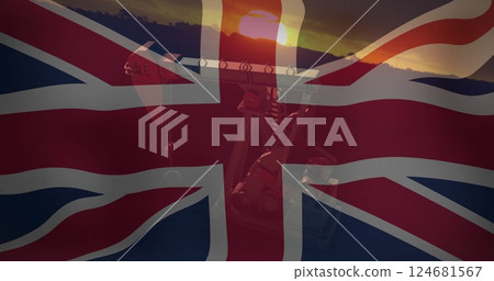 Image of flag of usa over oil pump 124681567