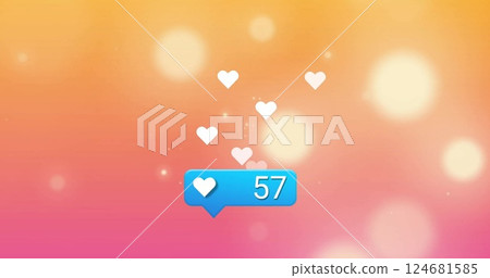 Image of social media icon with growing number over hearts and light spots on orange background 124681585