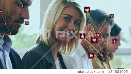 Image of communication network over happy caucasian businesswoman and colleagues using computers 124681605