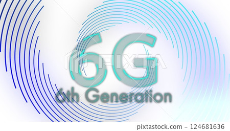 Image of 6g, 6th generation text over blue spiral lines processing on white background 124681636
