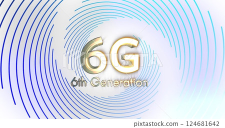 Image of 6g, 6th generation text in gold over blue spiral lines processing on white background 124681642