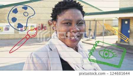 Image of school items icons over biracial female teacher at school Image of school items icons over biracial female teacher at school 124681644