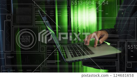 Image of data processing over asian male it technician with laptop over computer servers Image of data processing over asian male it technician with laptop over computer servers 124681658