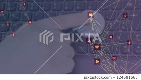 Image of network of connections with icons over hand pressing stethoscope on keyboard Image of network of connections with icons over hand pressing stethoscope on keyboard 124681663