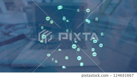Image of laptop and network of connections with icons over stethoscope Image of laptop and network of connections with icons over stethoscope 124681667
