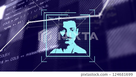 Image of biometric photo and digital data processing over computer servers Image of biometric photo and digital data processing over computer servers 124681699