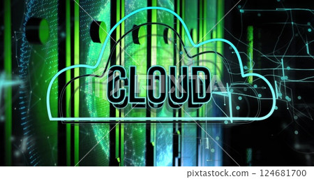 Image of cloud text and digital data processing over computer servers Image of cloud text and digital data processing over computer servers 124681700