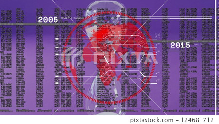 Image of globe with data processing over hourglass on purple background 124681712