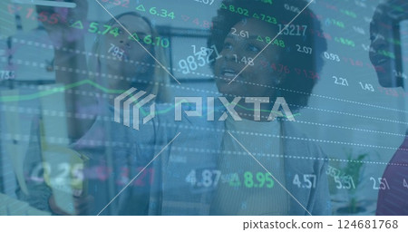 Image of financial data processing over diverse business people in office 124681768