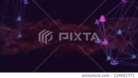 Image of network of connections with icons over shapes on black background 124681771