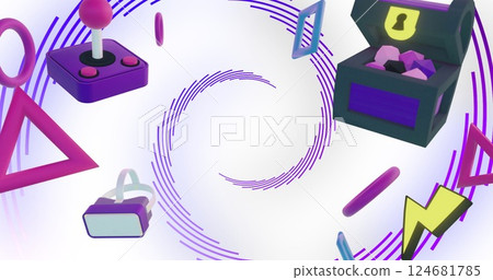 Image of game controllers, equipment and icons over purple spiral lines processing Image of game controllers, equipment and icons over purple spiral lines processing 124681785