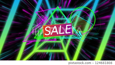 Image of sale text over moving colourful shapes Image of sale text over moving colourful shapes 124681808
