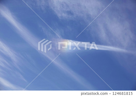 A rainbow-colored cloud that appeared like a comet in the clear blue sky A rainbow-colored cloud that appeared like a comet in the clear blue sky 124681815