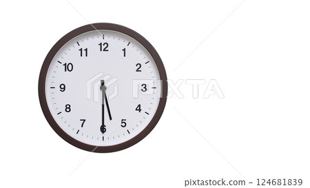 A simple round wall clock with a dark brown frame and a white face displaying 05:30/17:30. Isolated on a white background, perfect for time-related concepts, deadlines, and schedule themes. A simple round wall clock with a dark brown frame and a white face displaying 05:30/17:30. Isolated on a white background, perfect for time-related concepts, deadlines, and schedule themes. 124681839