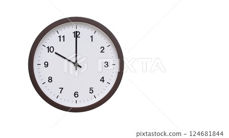 A simple round wall clock with a dark brown frame and a white face displaying 10:00/22:00. Isolated on a white background, perfect for time-related concepts, deadlines, and schedule themes. A simple round wall clock with a dark brown frame and a white face displaying 10:00/22:00. Isolated on a white background, perfect for time-related concepts, deadlines, and schedule themes. 124681844