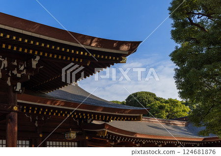 The curved wooden rooftops of Meiji Shrine in Tokyo display intricate craftsmanship The curved wooden rooftops of Meiji Shrine in Tokyo display intricate craftsmanship 124681876