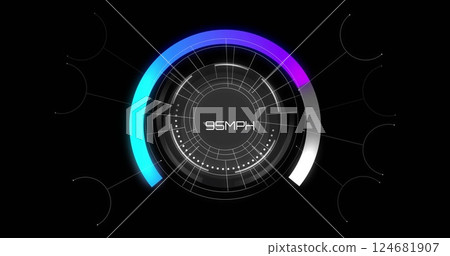 Image of speedometer and shapes on black background Image of speedometer and shapes on black background 124681907