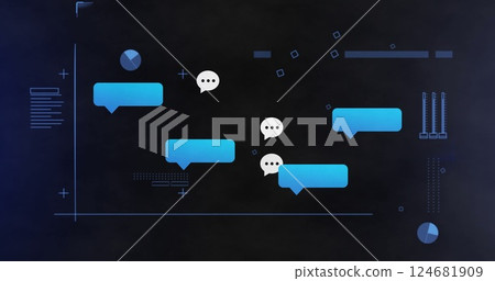 Image of media icons and diagrams on black background Image of media icons and diagrams on black background 124681909
