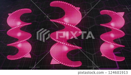 Image of pink spiral shapes and hexagons on black background 124681913