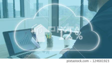 Image of clouds with percent growing over caucasian businessman using laptop Image of clouds with percent growing over caucasian businessman using laptop 124681923