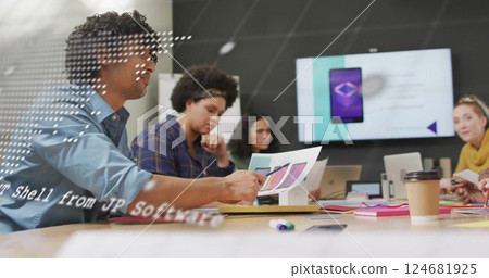Image of financial data processing over diverse business people in office 124681925