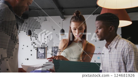 Image of globe and data processing over diverse business people in office 124681926