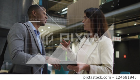 Image of data processing and diagrams over diverse colleagues discussing work in office 124681943