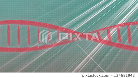 Image of dna strand spinning over light trails on green background 124681948