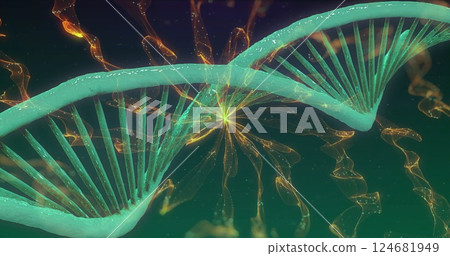 Image of dna strand spinning over glowing light trails on green background Image of dna strand spinning over glowing light trails on green background 124681949