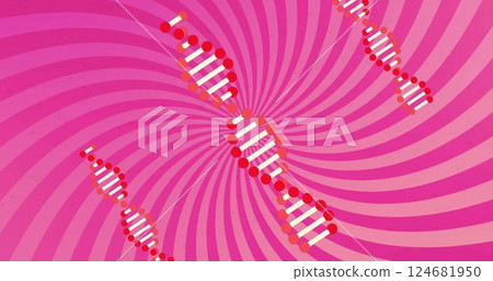 Image of dna strands spinning over pink striped background 124681950