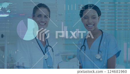 Image of data processing and diagrams over diverse female doctors talking 124681960