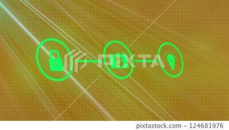 Image of light trails over network of connections with icons on black background 124681976