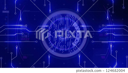 Image of biometric brain, digital data processing over circuit board 124682004