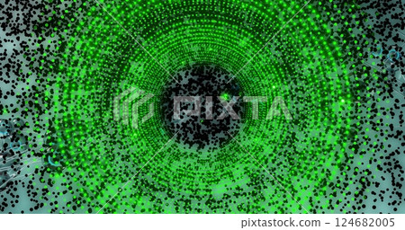 Image of digital data processing and binary coding over neon circle background 124682005